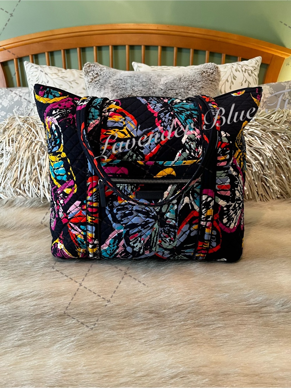 VERA BRADLEY Butterfly Flutter 2018 Large Vera Villager Zip Tote Yellow Pruple